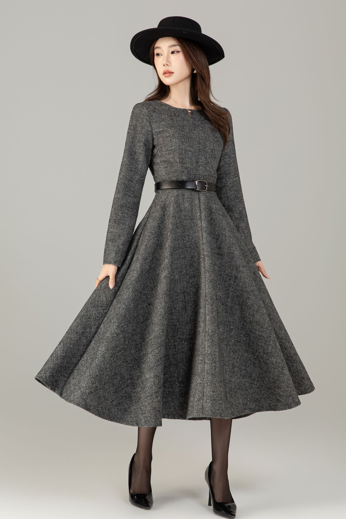 Xiaolizi Vintage-Inspired Handmade Wool Blend Fit & Flare Midi Dress – Long Sleeve Round Neck 6501
