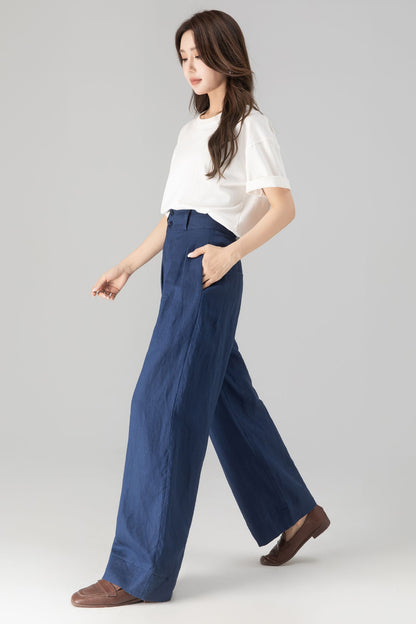 Blue Linen Cotton Wide Leg Pants - Palazzo High Rise | Xiaolizi 5758