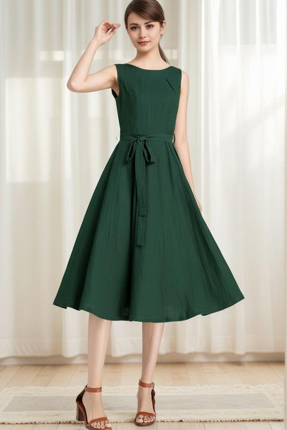 Green Linen Fit and Flare Dress – Vintage Sleeveless Midi 6624