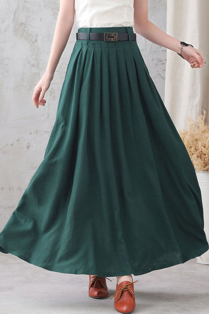 Emerald Green Linen Cotton Long Pleated Swing Skirt - High Waist with Pockets 3333
