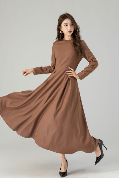 Dark Green Wool Midi Dress - Swing Silhouette with Detachable Cape 4560