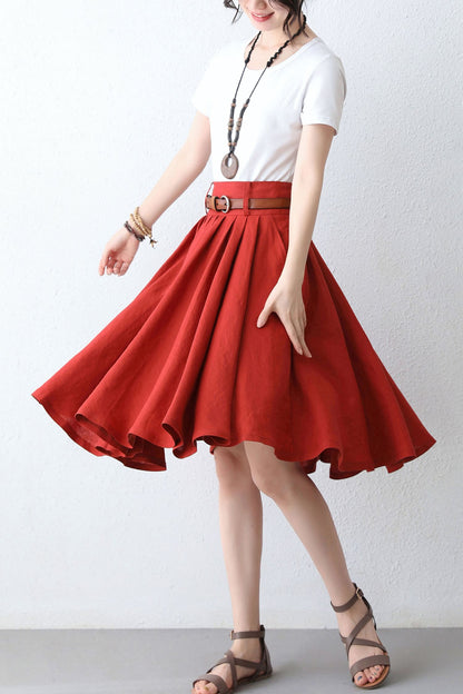 Red Linen A-Line Pleated Skirt - High Waist, Knee Length 2889
