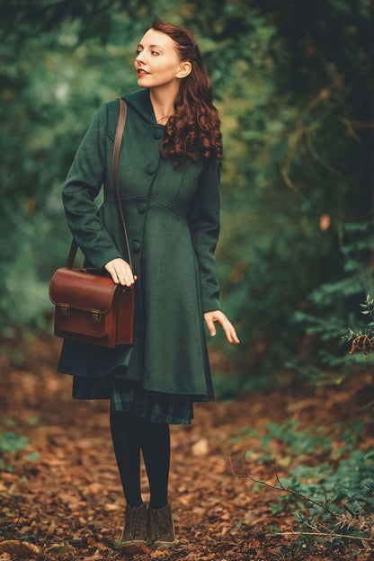 Vintage Green Wool Coat – Handmade Hooded Winter Overcoat for Women 2493