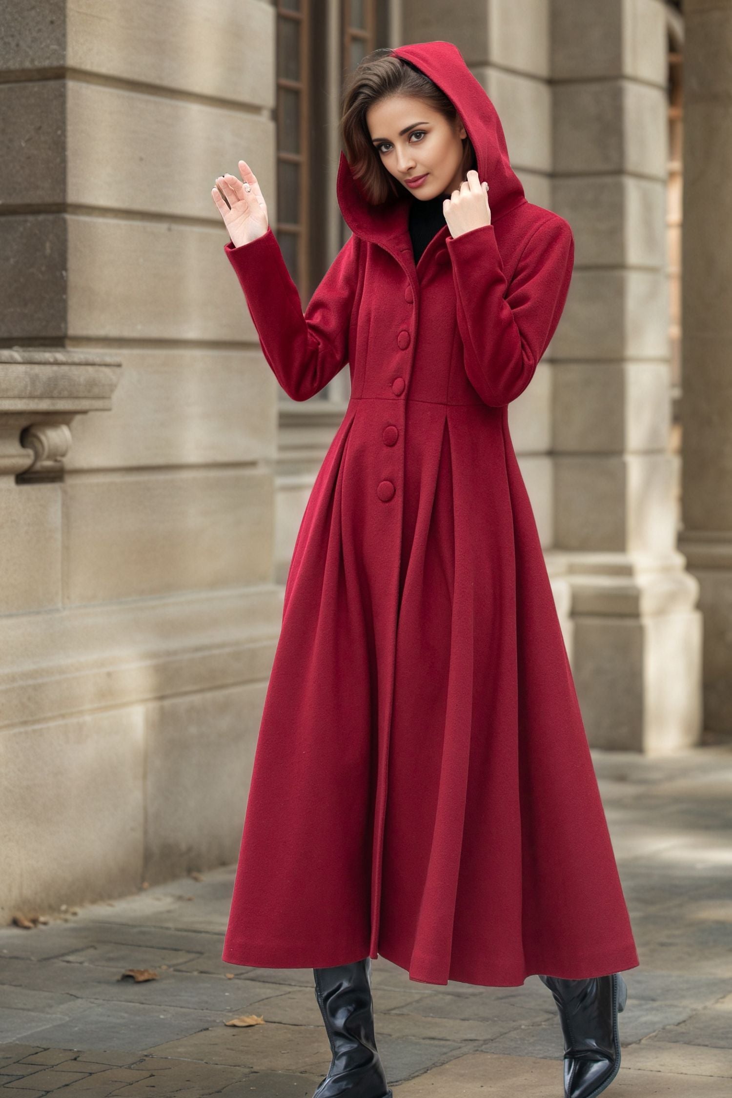 Red Wool Swing Coat with Hood - Elegant Midi Length Winter Coat