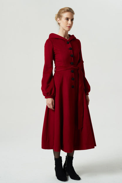 Burgundy Wool Coat Maxi Dress - Hooded, Lantern Sleeve, Tie Waist 1977