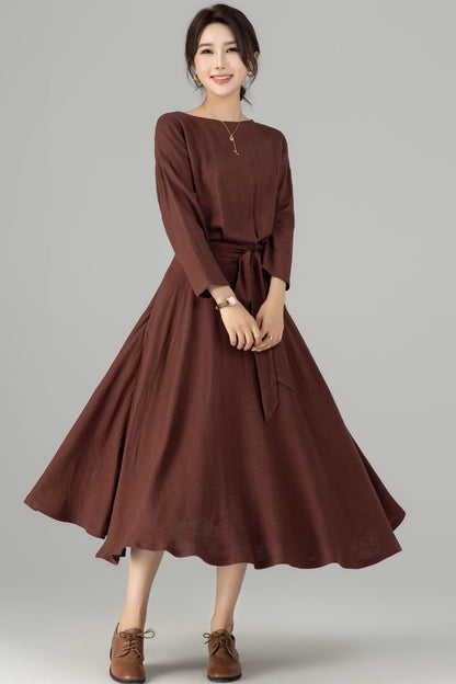 Brown Linen Cotton Midi Dress - Boat Neck, Belted Waist 5704
