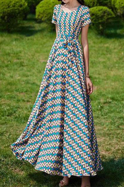 Printed Chiffon Maxi Dress - Fit and Flare Silhouette 5036