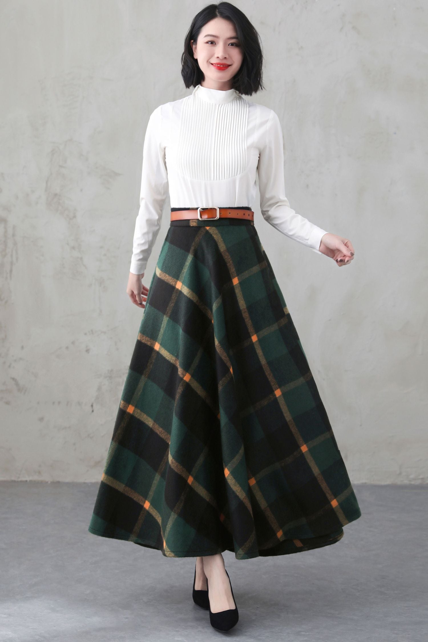 Handmade Forest Green Plaid Wool Maxi Skirt – Vintage High Waist A-line  Winter Elegance 5274