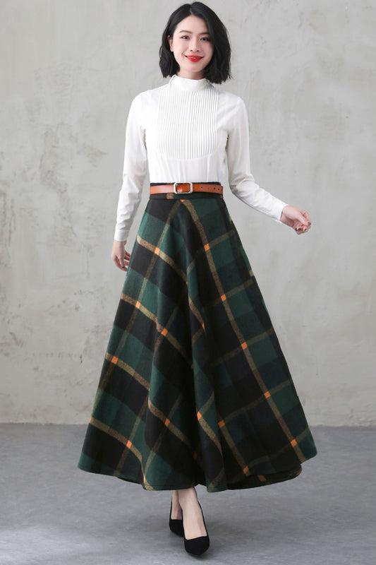 Green Long Winter Wool Plaid Skirt 4000