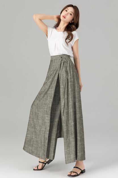 Gray Linen Wide Leg Wrap Pants - Flowing Tie Waist Detail 5749