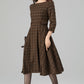 Brown Plaid Wool Dress – Vintage Fit & Flare Midi with 3/4 Sleeves | Xiaolizi 6393
