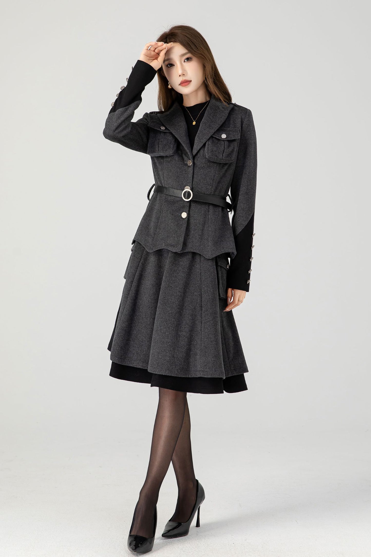 Gray military short wool coat 4605