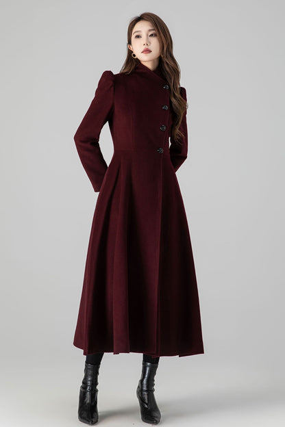 Handmade Burgundy Wool Long Coat – Elegant High Neck Fit & Flare Winter Overcoat 4511