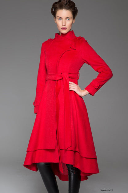 Red Wool Coat Maxi - Asymmetrical Layered Hem & Self-Tie Waist 1422