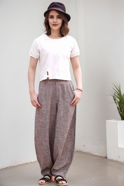 Dusty Mauve Ankle Length Linen Cotton Tapered Pants 2169