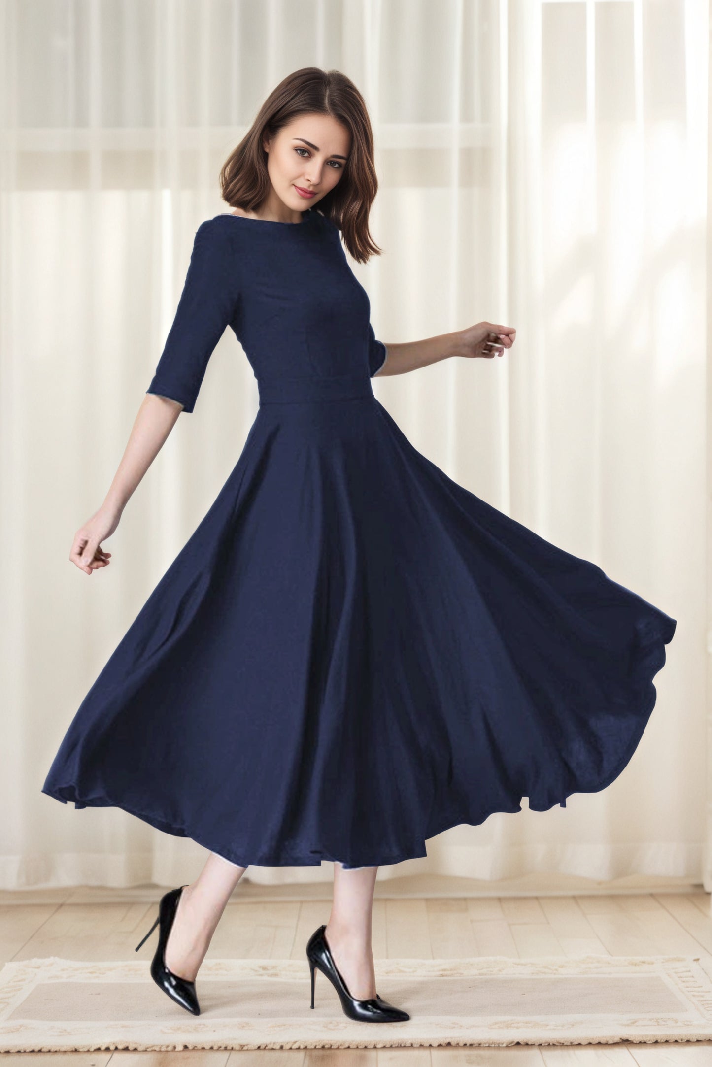 Xiaolizi Navy Linen Dress – Vintage Fit and Flare Midi Dress with Pockets 6654