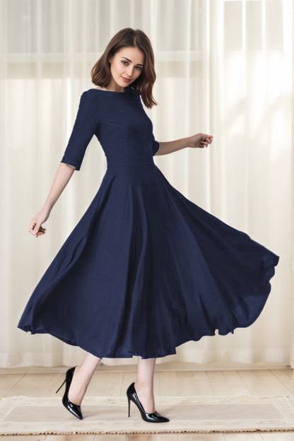 Xiaolizi Navy Linen Dress – Vintage Fit and Flare Midi Dress with Pockets 6654