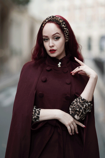 Burgundy Wool Cape Coat – Handmade Vintage Stand Collar Cloak with Belt 4728