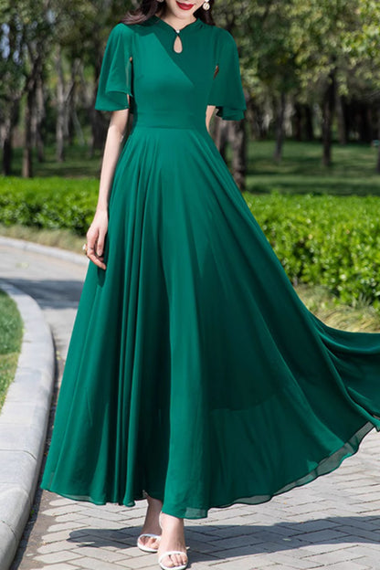 Green Chiffon Maxi Dress - Fit and Flare with Swing Sleeves 5167