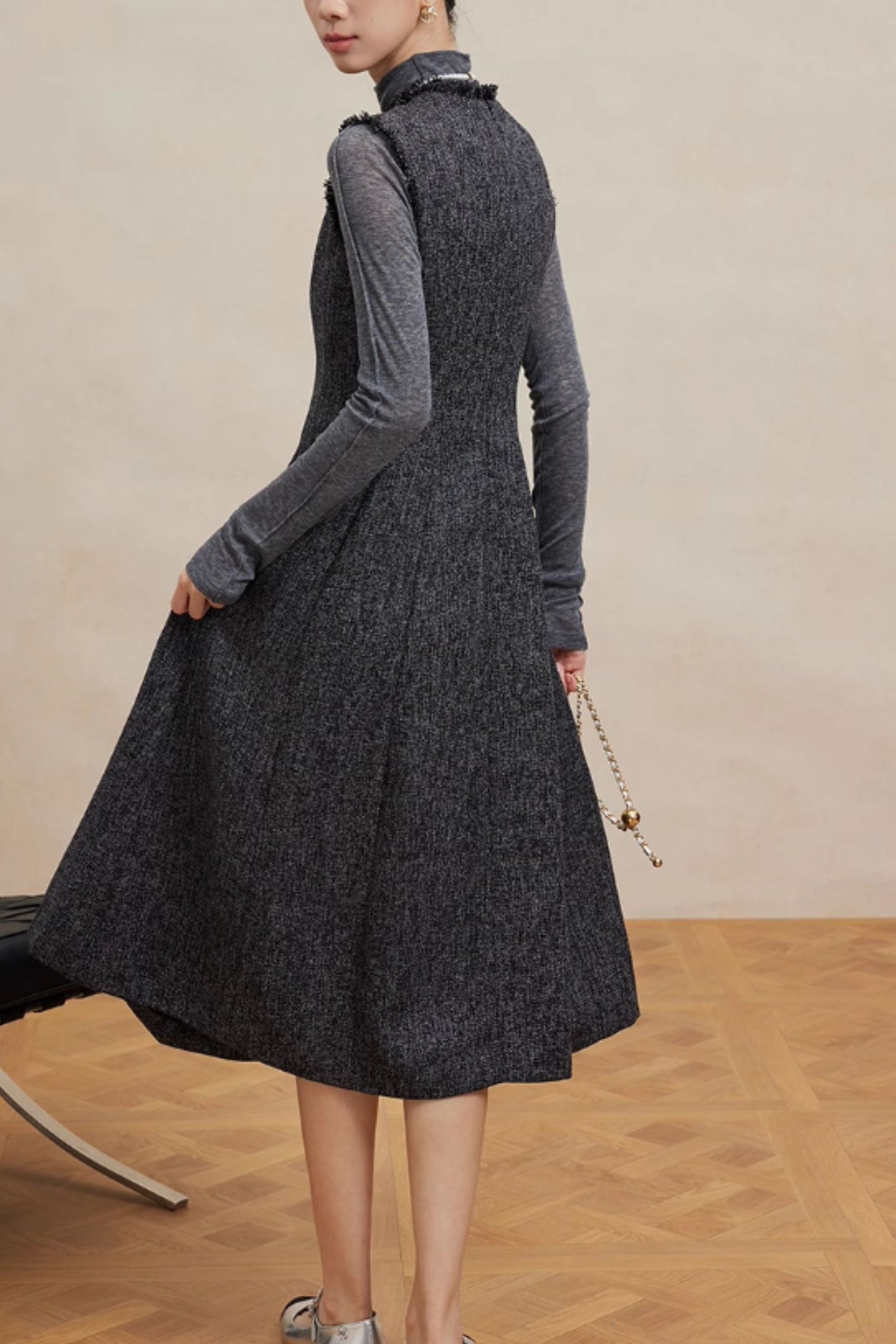 Classic Dark Grey Wool Midi Dress  – Fit & Flare A-Line – 6455