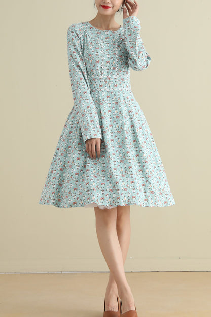 Floral Linen Knee-Length Dress - Long Sleeve, Round Neck 2795