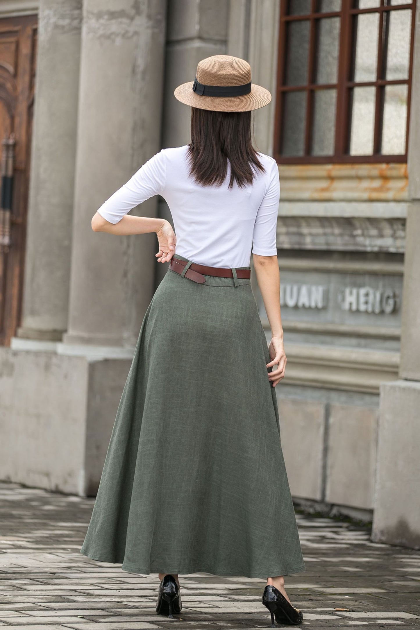 Green A Line Maxi  Linen Skirt with Pockets  2784