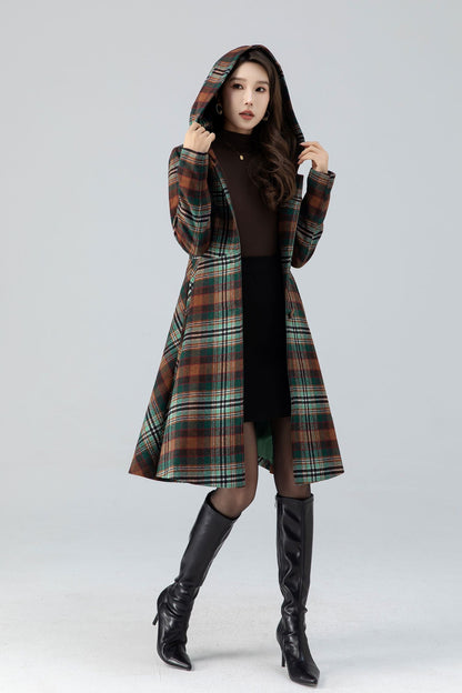 Plaid Wool Coat Midi Dress - Hooded Fit and Flare Winter Outerwear 4784