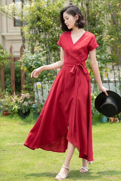 Short sleeve Burgundy Linen Wrap dress 5202
