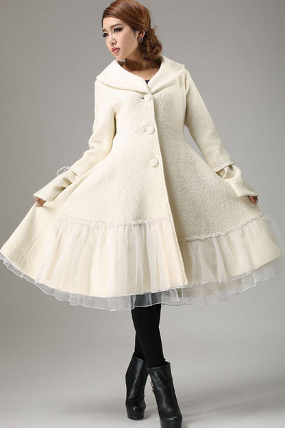 White Wool Blend Coat - Flared Bell Sleeve with Sheer Hem 725