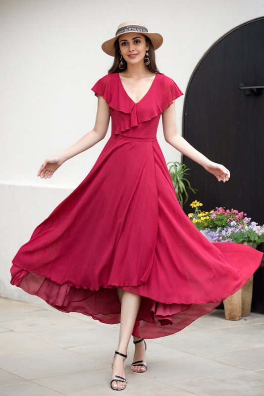 Red fit and flare swing Chiffon dress 5958
