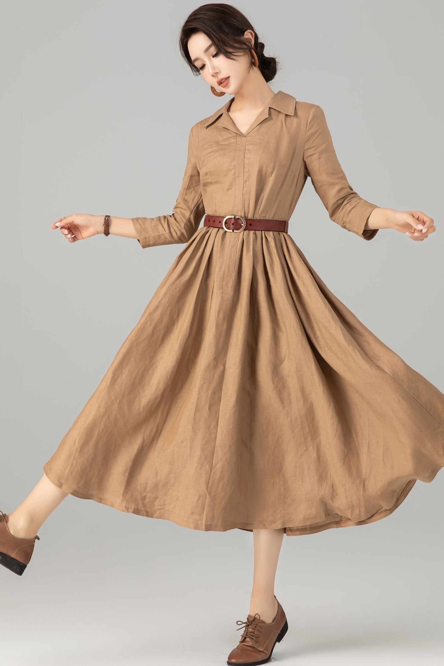 Khaki Linen Midi Shirt Dress - Pleated Fit and Flare Elegance 5707