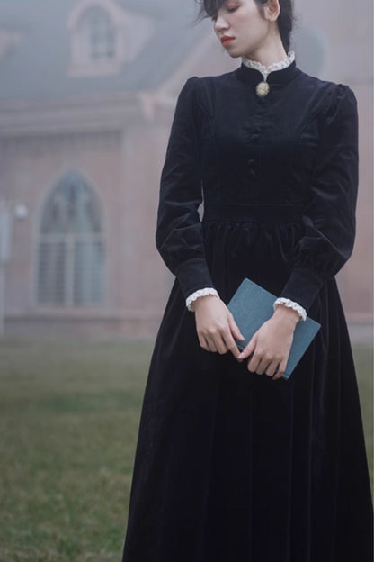 Black Corduroy Midi Dress - Lace Trim Stand Collar 4808