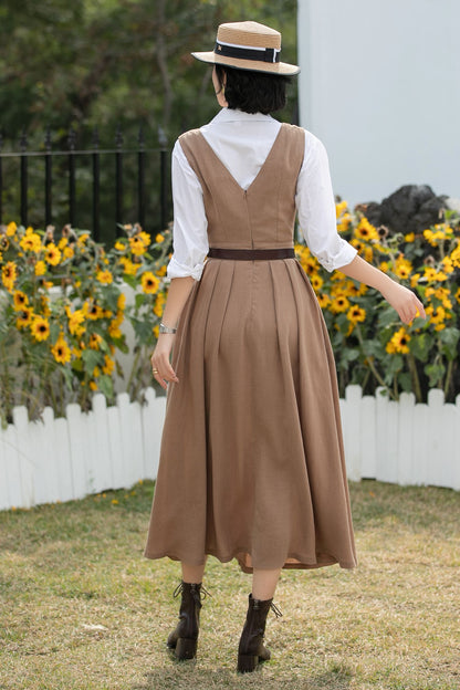 Xiaolizi Linen Pinafore Dress – Vintage V Neck Midi Swing Dress 6690