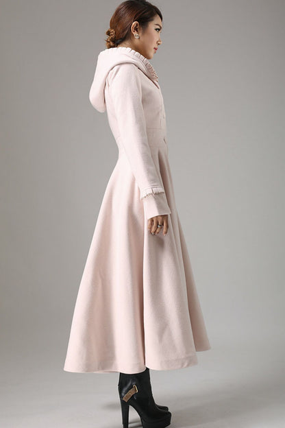 Vintage Pink Wool Blend Coat – Ruffle Hood Long Winter Coat for Women | Xiaolizi 0727