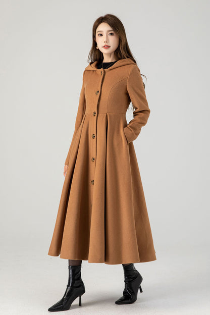 Camel Wool Hooded Coat – Vintage Fit and Flare Long Winter Overcoat 4606