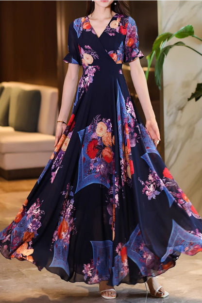 Floral printed prom maxi chiffon dresses 4996