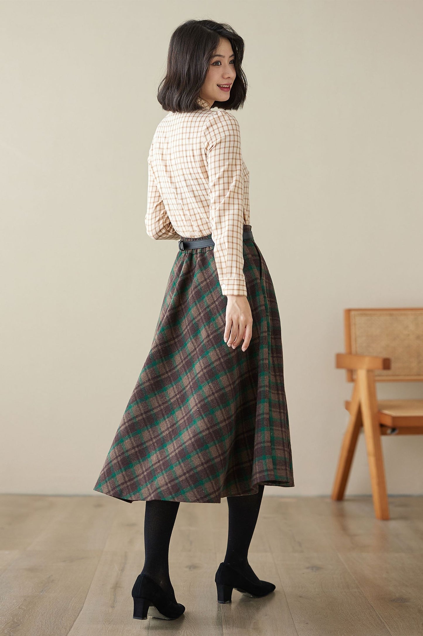 Midi Swing Circle Wool Plaid Skirt 4623