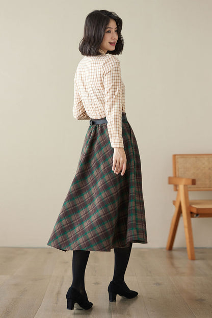 Vintage Plaid Wool Midi Skirt – High-Waisted A-Line Silhouette – 4623