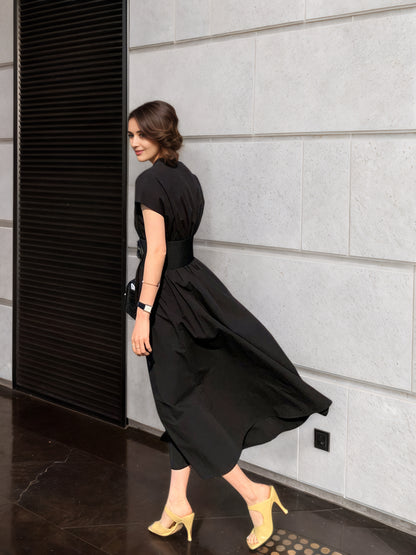 Black Linen Wrap Dress – Short Sleeve Midi Dress with Belt & Pockets 6674