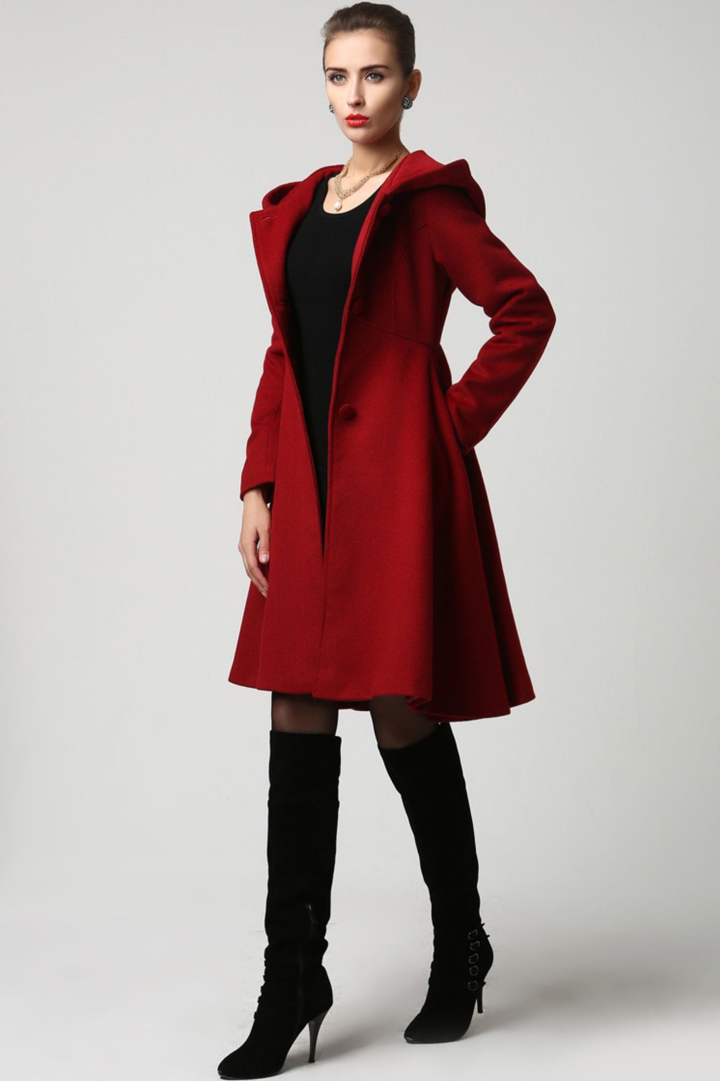 Red wool coat with big hood swing coat 1117