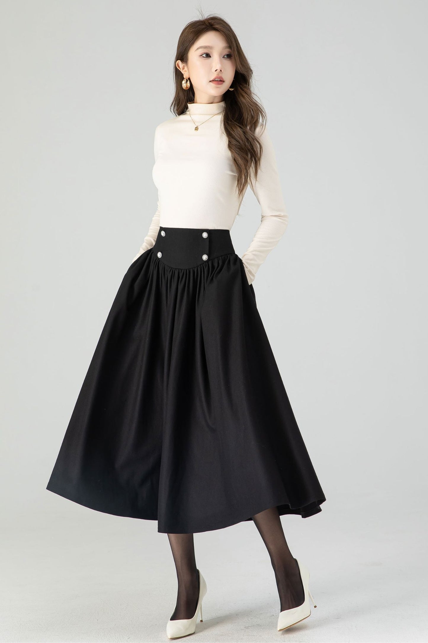 High waisted winter swing wool skirt women 4556