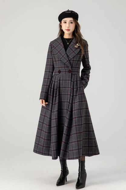 Handmade Plaid Wool Coat – Vintage Fit & Flare Double-Breasted Winter Overcoat | Xiaolizi 4607