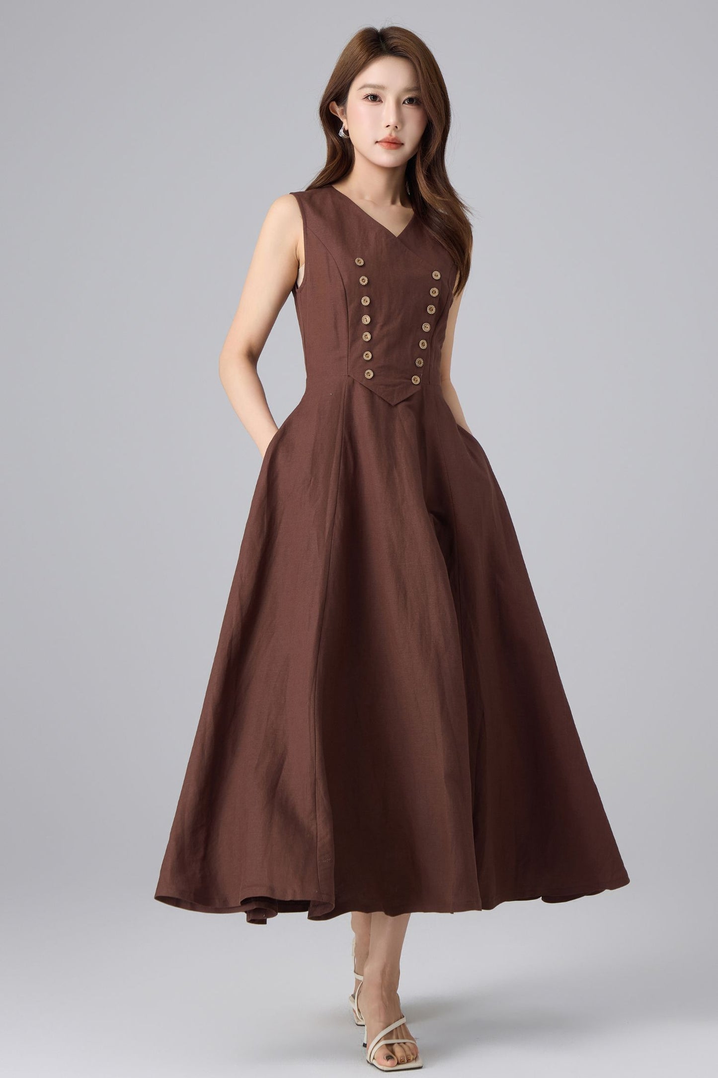 Brown Linen Cotton Pinafore Dress - V-Neck Maxi | Xiaolizi 6757