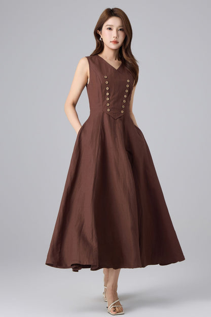 Brown Linen Cotton Pinafore Dress - V-Neck Maxi | Xiaolizi 6757