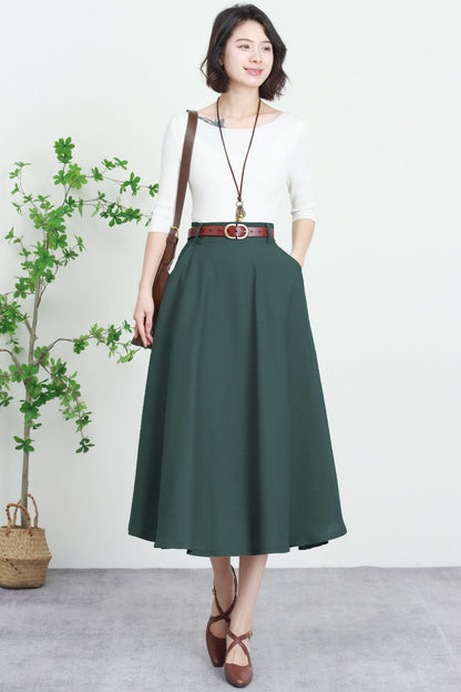 Green Linen Midi Skirt - High-Waisted A-Line with Pockets 5745
