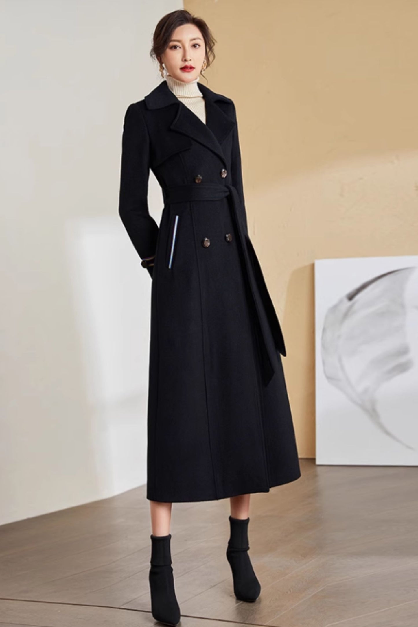 Black long wool warm winter coat 5283