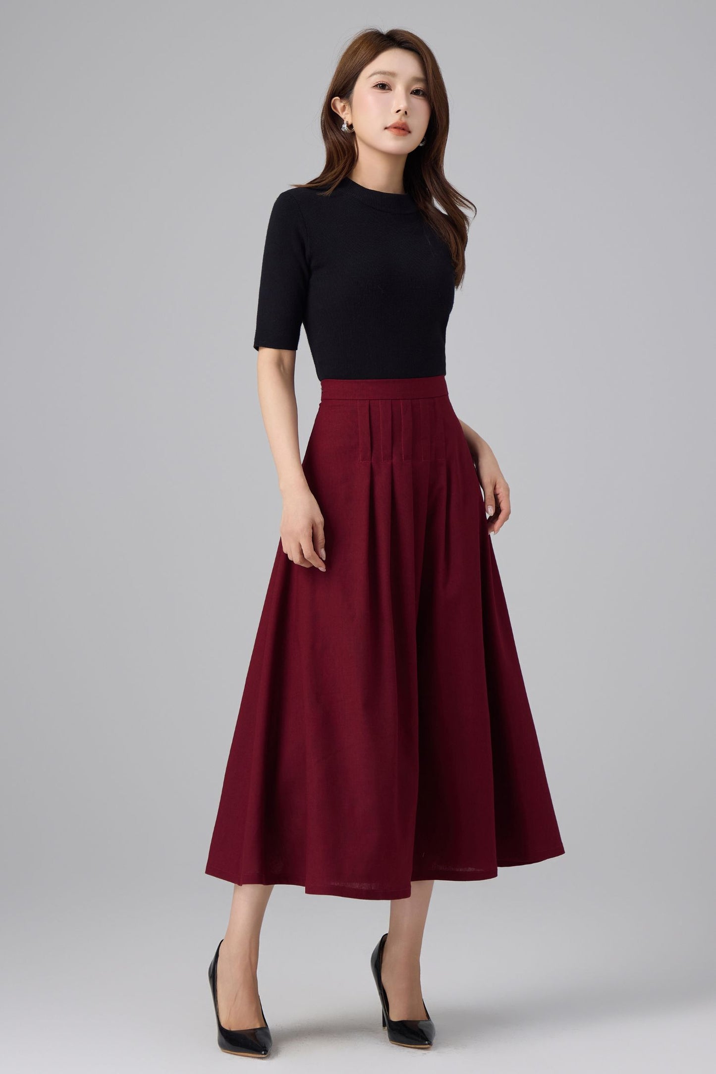 Burgundy Linen Midi Skirt - High Waist Pleated A-Line | Xiaolizi 6759