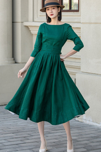 Emerald Green Linen Midi Dress - Bow Tie Waist Pockets | Xiaolizi 5721