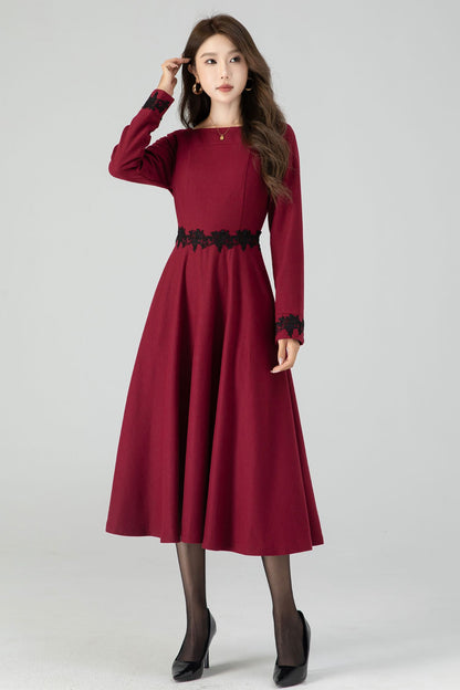 Handmade Wool Blend Lace Midi Dress – Vintage Winter Elegance | Xiaolizi 4544