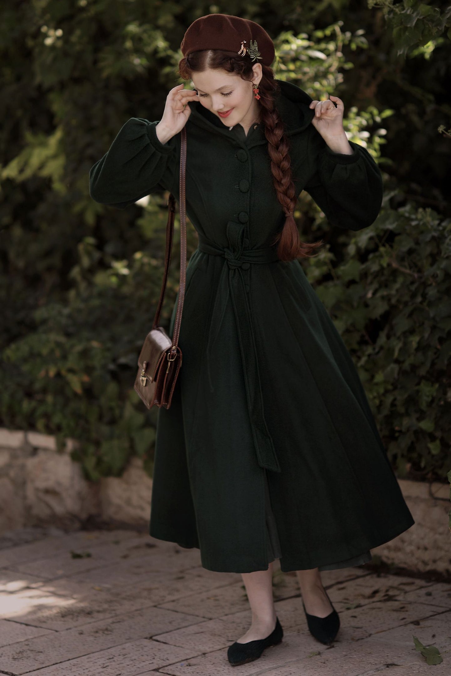 Long Dark Green Hooded Wool Coat 3870